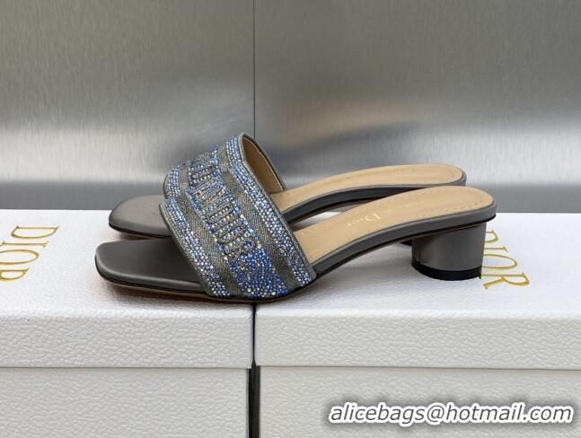 Purchase Dior Dway Heeled Slide Sandals 3.5cm in Steel Grey Cotton Embroidered with Metallic Thread and Crystals 605065