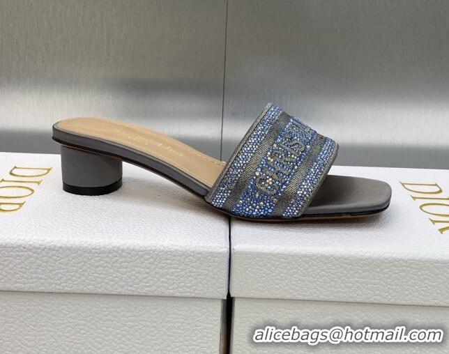 Purchase Dior Dway Heeled Slide Sandals 3.5cm in Steel Grey Cotton Embroidered with Metallic Thread and Crystals 605065