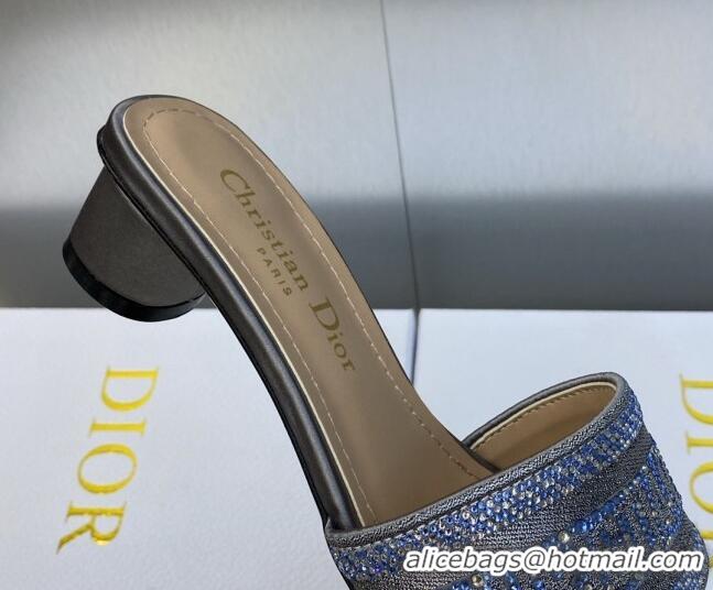 Purchase Dior Dway Heeled Slide Sandals 3.5cm in Steel Grey Cotton Embroidered with Metallic Thread and Crystals 605065