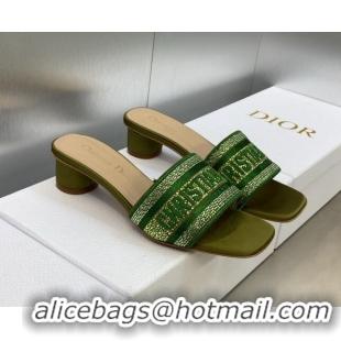 Pretty Style Dior Dway Heeled Slide Sandals 3.5cm in Dark Green Cotton Embroidered with Metallic Thread and Crystals 605