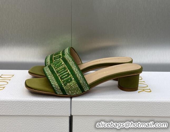 Pretty Style Dior Dway Heeled Slide Sandals 3.5cm in Dark Green Cotton Embroidered with Metallic Thread and Crystals 605