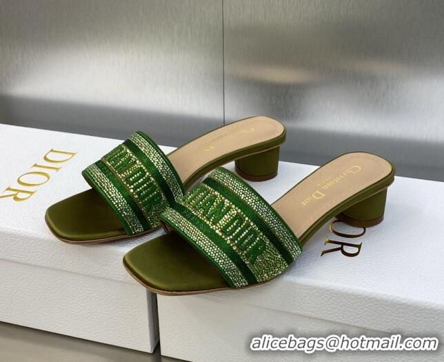 Pretty Style Dior Dway Heeled Slide Sandals 3.5cm in Dark Green Cotton Embroidered with Metallic Thread and Crystals 605