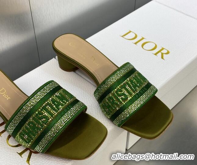 Pretty Style Dior Dway Heeled Slide Sandals 3.5cm in Dark Green Cotton Embroidered with Metallic Thread and Crystals 605