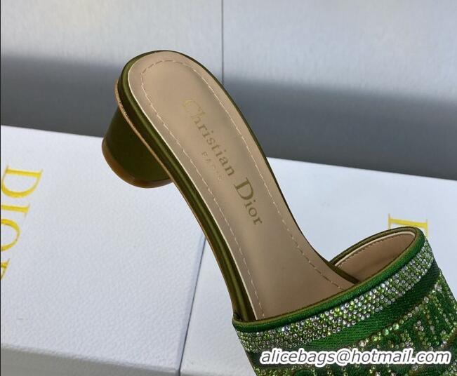 Pretty Style Dior Dway Heeled Slide Sandals 3.5cm in Dark Green Cotton Embroidered with Metallic Thread and Crystals 605