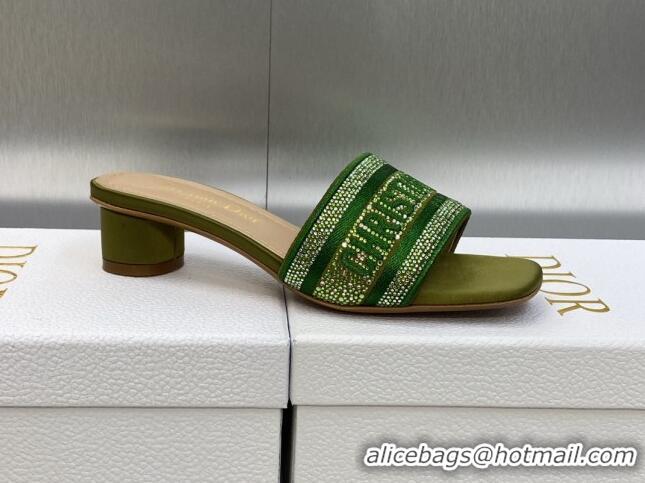 Pretty Style Dior Dway Heeled Slide Sandals 3.5cm in Dark Green Cotton Embroidered with Metallic Thread and Crystals 605