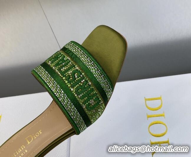 Pretty Style Dior Dway Heeled Slide Sandals 3.5cm in Dark Green Cotton Embroidered with Metallic Thread and Crystals 605