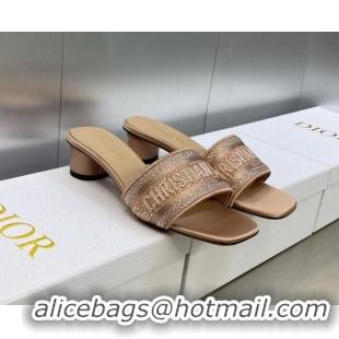 Good Quality Dior Dway Heeled Slide Sandals 3.5cm in Rose Des Vents Pink Cotton Embroidered with Metallic Thread and Cry