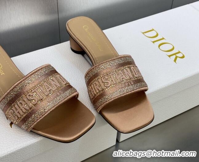 Good Quality Dior Dway Heeled Slide Sandals 3.5cm in Rose Des Vents Pink Cotton Embroidered with Metallic Thread and Cry