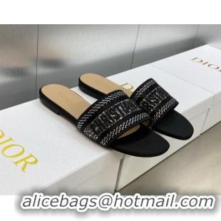 Best Grade Dior Dway Flat Slide Sandals in Black Cotton Embroidered with Crystals 605056