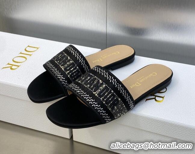 Best Grade Dior Dway Flat Slide Sandals in Black Cotton Embroidered with Crystals 605056