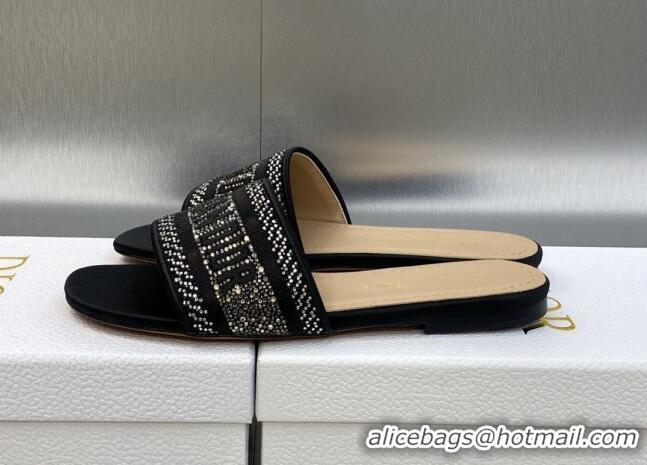 Best Grade Dior Dway Flat Slide Sandals in Black Cotton Embroidered with Crystals 605056