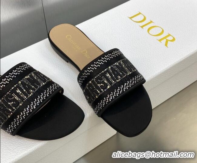 Best Grade Dior Dway Flat Slide Sandals in Black Cotton Embroidered with Crystals 605056