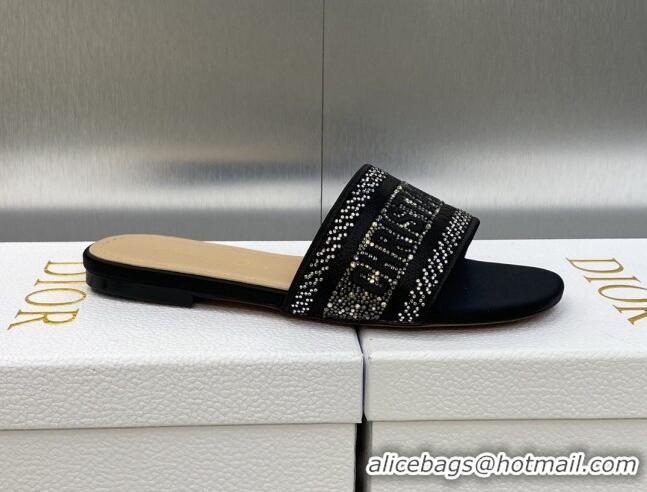 Best Grade Dior Dway Flat Slide Sandals in Black Cotton Embroidered with Crystals 605056