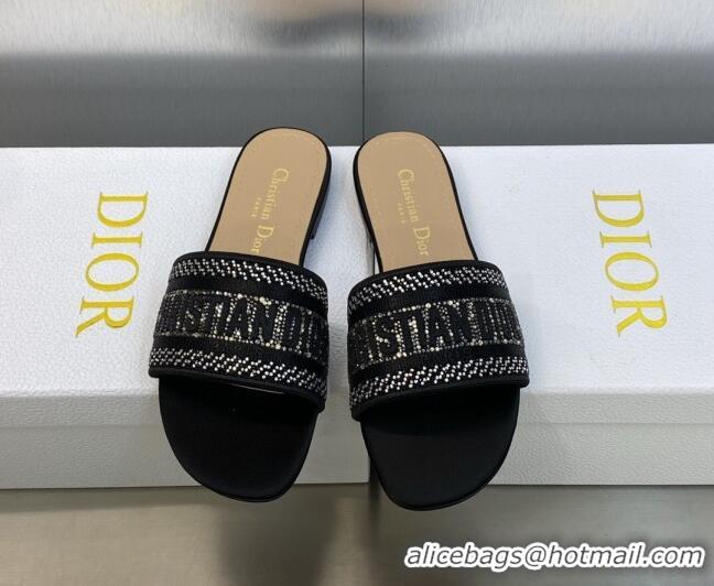 Best Grade Dior Dway Flat Slide Sandals in Black Cotton Embroidered with Crystals 605056