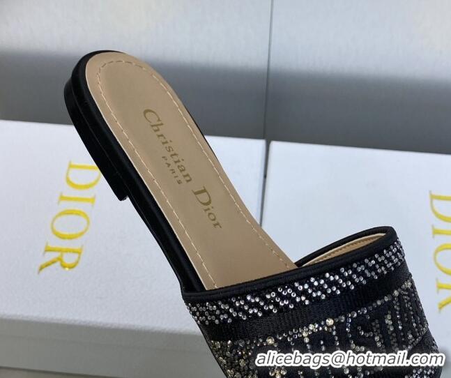 Best Grade Dior Dway Flat Slide Sandals in Black Cotton Embroidered with Crystals 605056