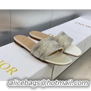 Grade Quality Dior Dway Flat Slide Sandals in Light Grey Cotton Embroidered with Metallic Thread and Crystals 605058