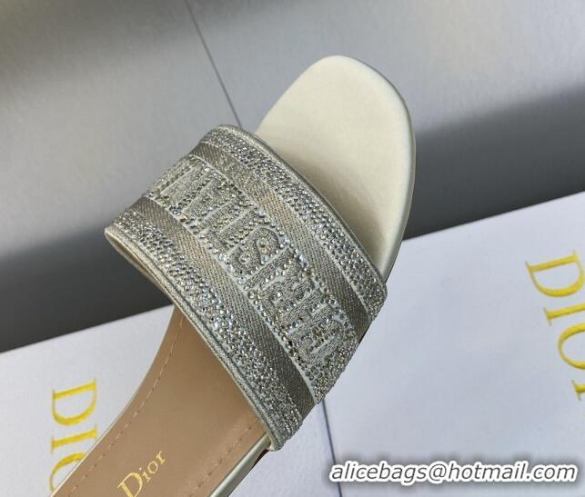 Grade Quality Dior Dway Flat Slide Sandals in Light Grey Cotton Embroidered with Metallic Thread and Crystals 605058