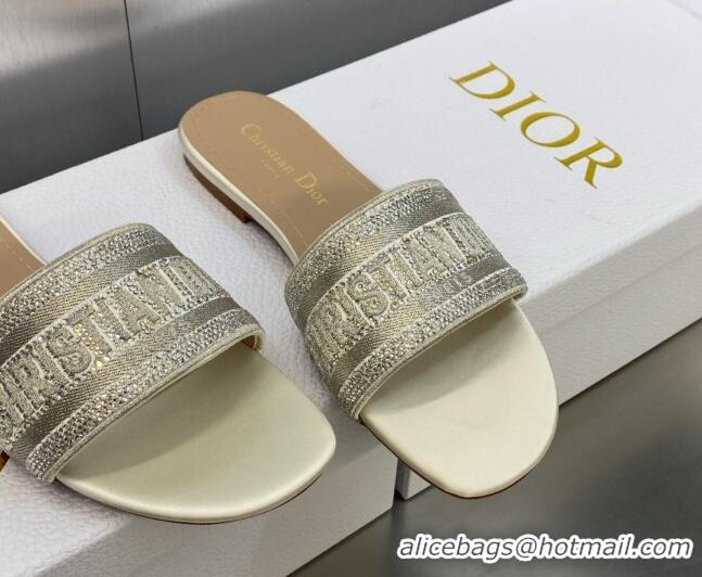 Grade Quality Dior Dway Flat Slide Sandals in Light Grey Cotton Embroidered with Metallic Thread and Crystals 605058