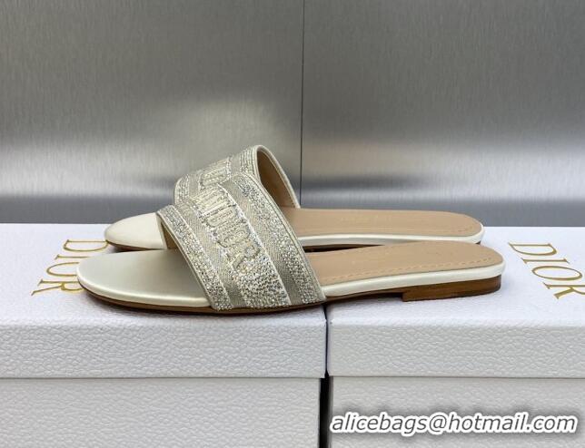 Grade Quality Dior Dway Flat Slide Sandals in Light Grey Cotton Embroidered with Metallic Thread and Crystals 605058