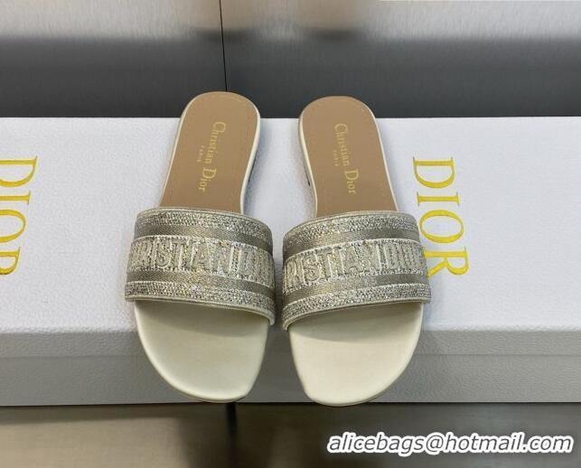 Grade Quality Dior Dway Flat Slide Sandals in Light Grey Cotton Embroidered with Metallic Thread and Crystals 605058