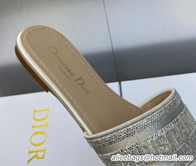 Grade Quality Dior Dway Flat Slide Sandals in Light Grey Cotton Embroidered with Metallic Thread and Crystals 605058