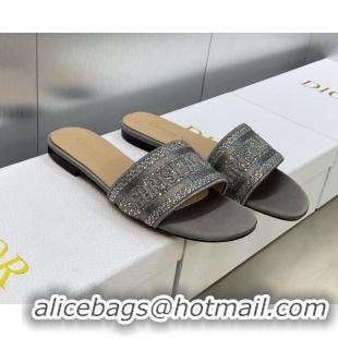 Top Design Dior Dway Flat Slide Sandals in Dark Grey Cotton Embroidered with Metallic Thread and Crystals 605060