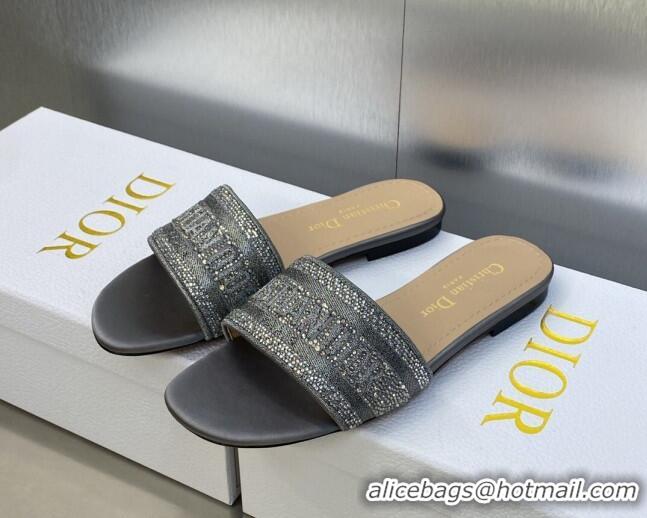 Top Design Dior Dway Flat Slide Sandals in Dark Grey Cotton Embroidered with Metallic Thread and Crystals 605060