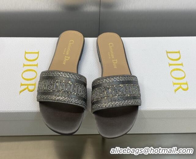 Top Design Dior Dway Flat Slide Sandals in Dark Grey Cotton Embroidered with Metallic Thread and Crystals 605060