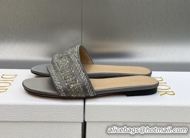 Top Design Dior Dway Flat Slide Sandals in Dark Grey Cotton Embroidered with Metallic Thread and Crystals 605060