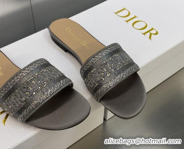 Top Design Dior Dway Flat Slide Sandals in Dark Grey Cotton Embroidered with Metallic Thread and Crystals 605060