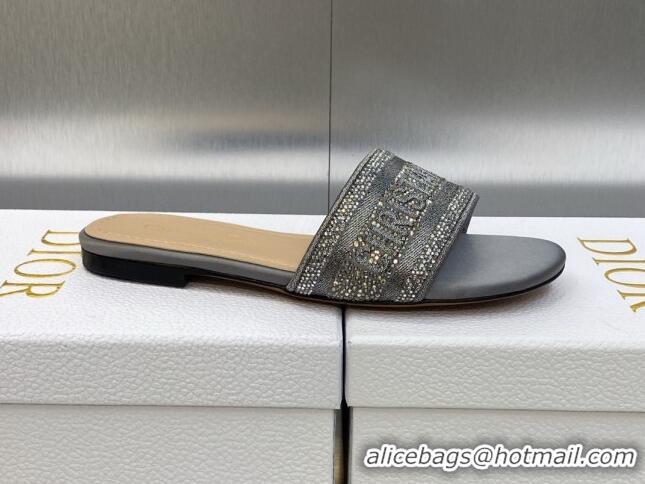 Top Design Dior Dway Flat Slide Sandals in Dark Grey Cotton Embroidered with Metallic Thread and Crystals 605060