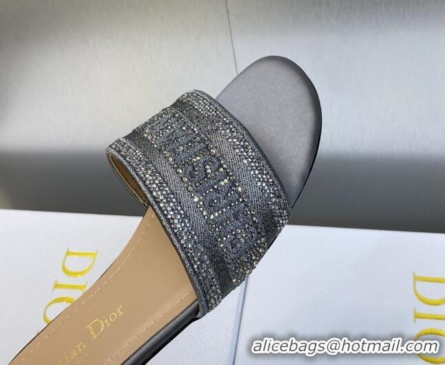 Top Design Dior Dway Flat Slide Sandals in Dark Grey Cotton Embroidered with Metallic Thread and Crystals 605060