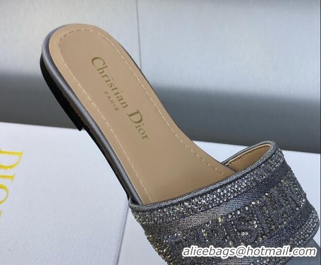 Top Design Dior Dway Flat Slide Sandals in Dark Grey Cotton Embroidered with Metallic Thread and Crystals 605060