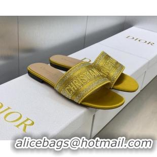 Purchase Dior Dway Flat Slide Sandals in Yellow Cotton Embroidered with Metallic Thread and Crystals 605062