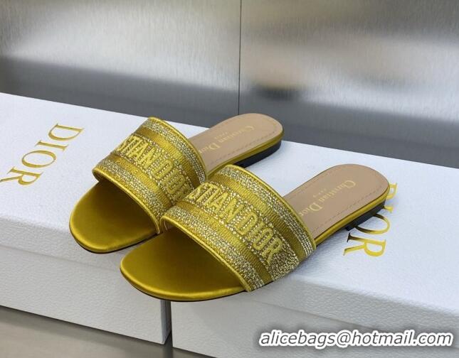 Purchase Dior Dway Flat Slide Sandals in Yellow Cotton Embroidered with Metallic Thread and Crystals 605062