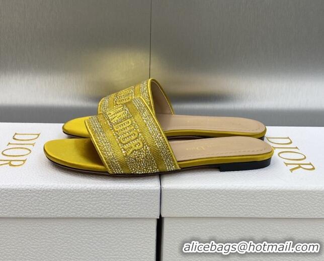 Purchase Dior Dway Flat Slide Sandals in Yellow Cotton Embroidered with Metallic Thread and Crystals 605062