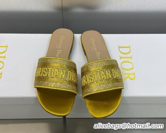 Purchase Dior Dway Flat Slide Sandals in Yellow Cotton Embroidered with Metallic Thread and Crystals 605062