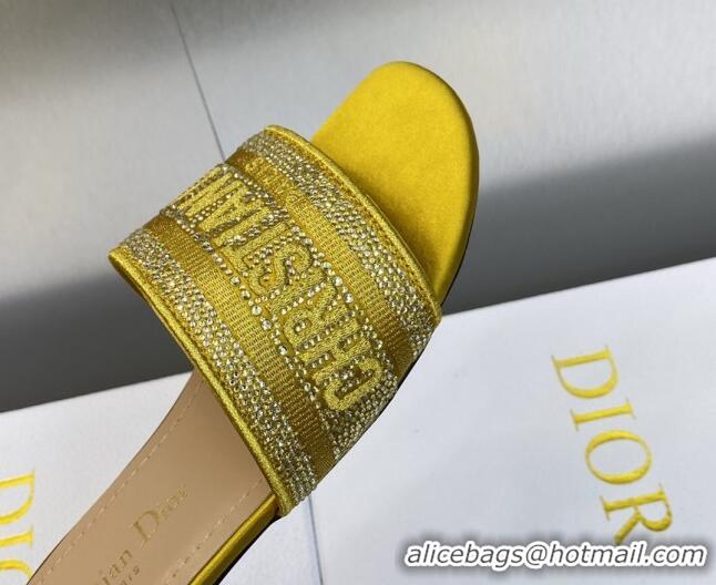 Purchase Dior Dway Flat Slide Sandals in Yellow Cotton Embroidered with Metallic Thread and Crystals 605062