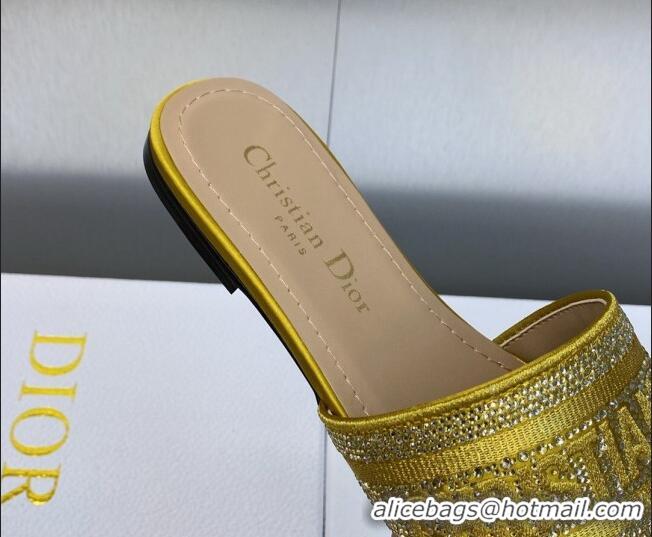 Purchase Dior Dway Flat Slide Sandals in Yellow Cotton Embroidered with Metallic Thread and Crystals 605062