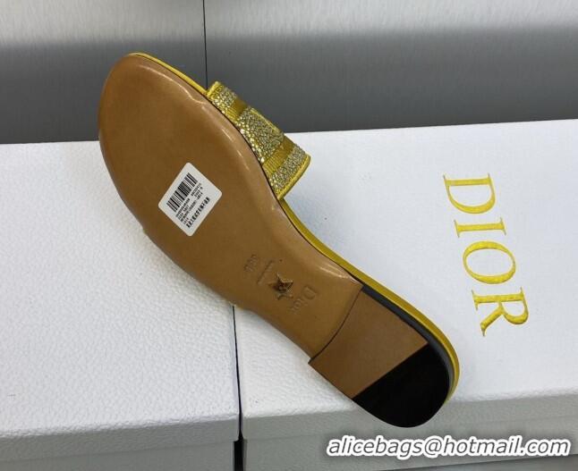 Purchase Dior Dway Flat Slide Sandals in Yellow Cotton Embroidered with Metallic Thread and Crystals 605062