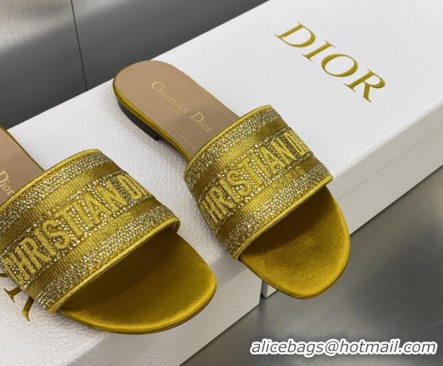 Purchase Dior Dway Flat Slide Sandals in Yellow Cotton Embroidered with Metallic Thread and Crystals 605062