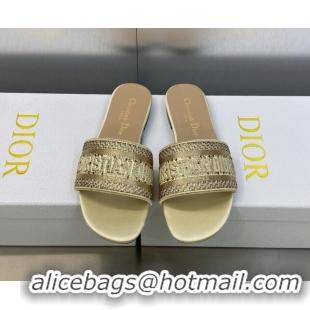 Classic Hot Dior Dway Flat Slide Sandals in Gold-Tone Cotton Embroidered with Metallic Thread and Crystals 605064