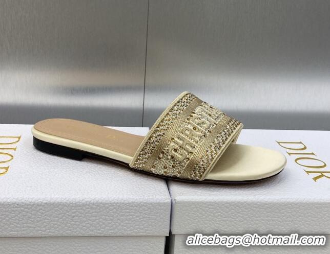 Classic Hot Dior Dway Flat Slide Sandals in Gold-Tone Cotton Embroidered with Metallic Thread and Crystals 605064