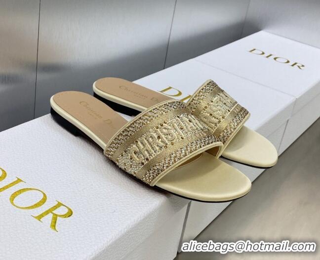 Classic Hot Dior Dway Flat Slide Sandals in Gold-Tone Cotton Embroidered with Metallic Thread and Crystals 605064