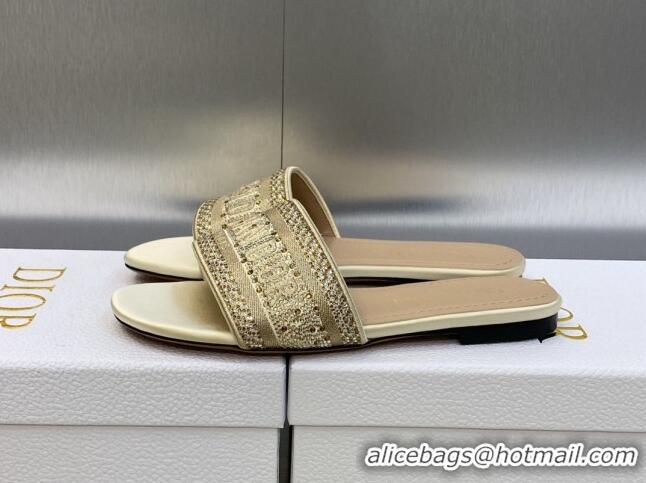 Classic Hot Dior Dway Flat Slide Sandals in Gold-Tone Cotton Embroidered with Metallic Thread and Crystals 605064