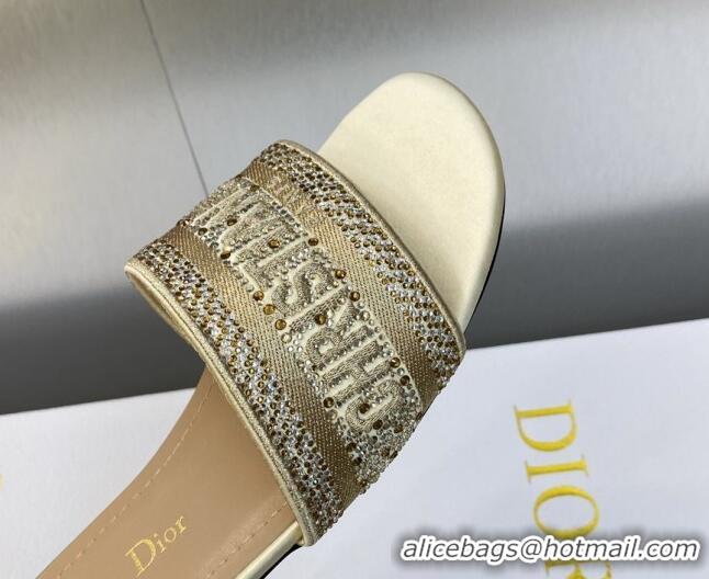 Classic Hot Dior Dway Flat Slide Sandals in Gold-Tone Cotton Embroidered with Metallic Thread and Crystals 605064