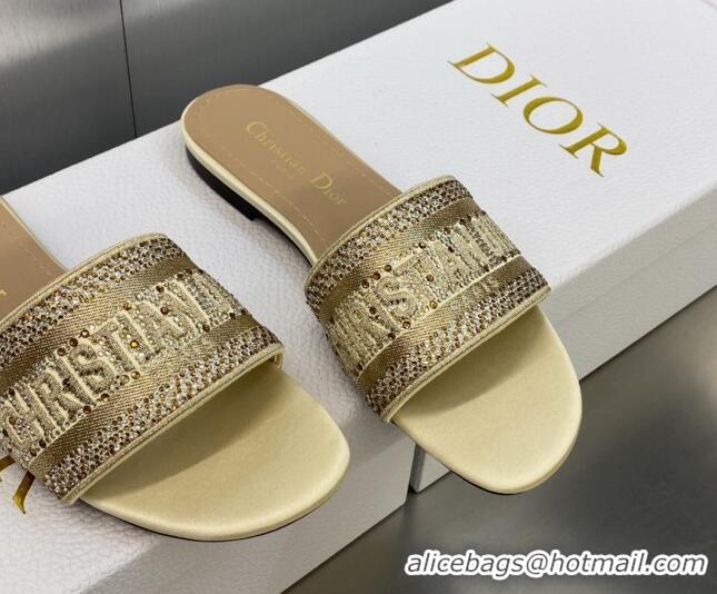 Classic Hot Dior Dway Flat Slide Sandals in Gold-Tone Cotton Embroidered with Metallic Thread and Crystals 605064