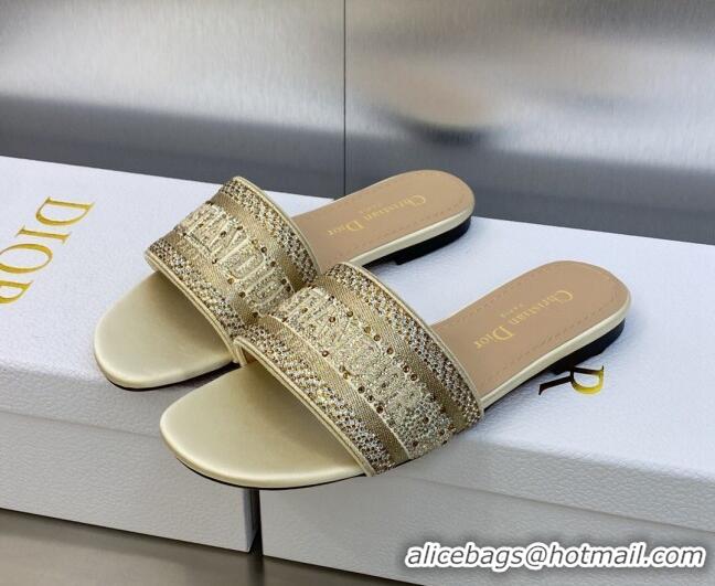 Classic Hot Dior Dway Flat Slide Sandals in Gold-Tone Cotton Embroidered with Metallic Thread and Crystals 605064