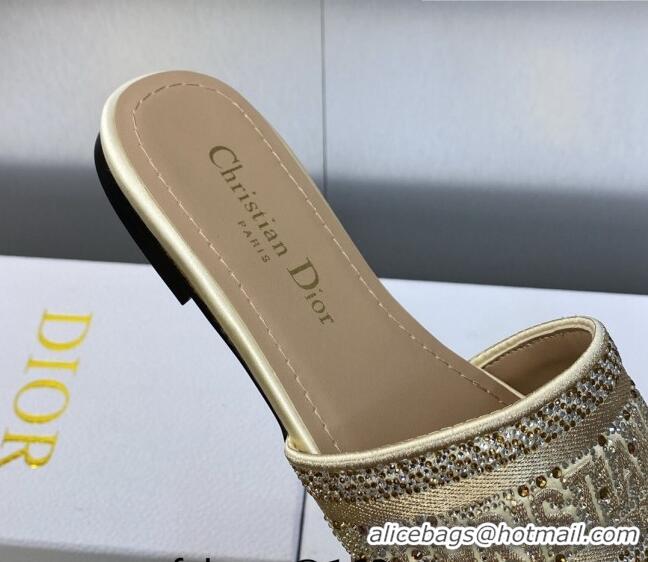 Classic Hot Dior Dway Flat Slide Sandals in Gold-Tone Cotton Embroidered with Metallic Thread and Crystals 605064