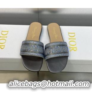 Stylish Dior Dway Flat Slide Sandals in Steel Grey Cotton Embroidered with Metallic Thread and Crystals 605066